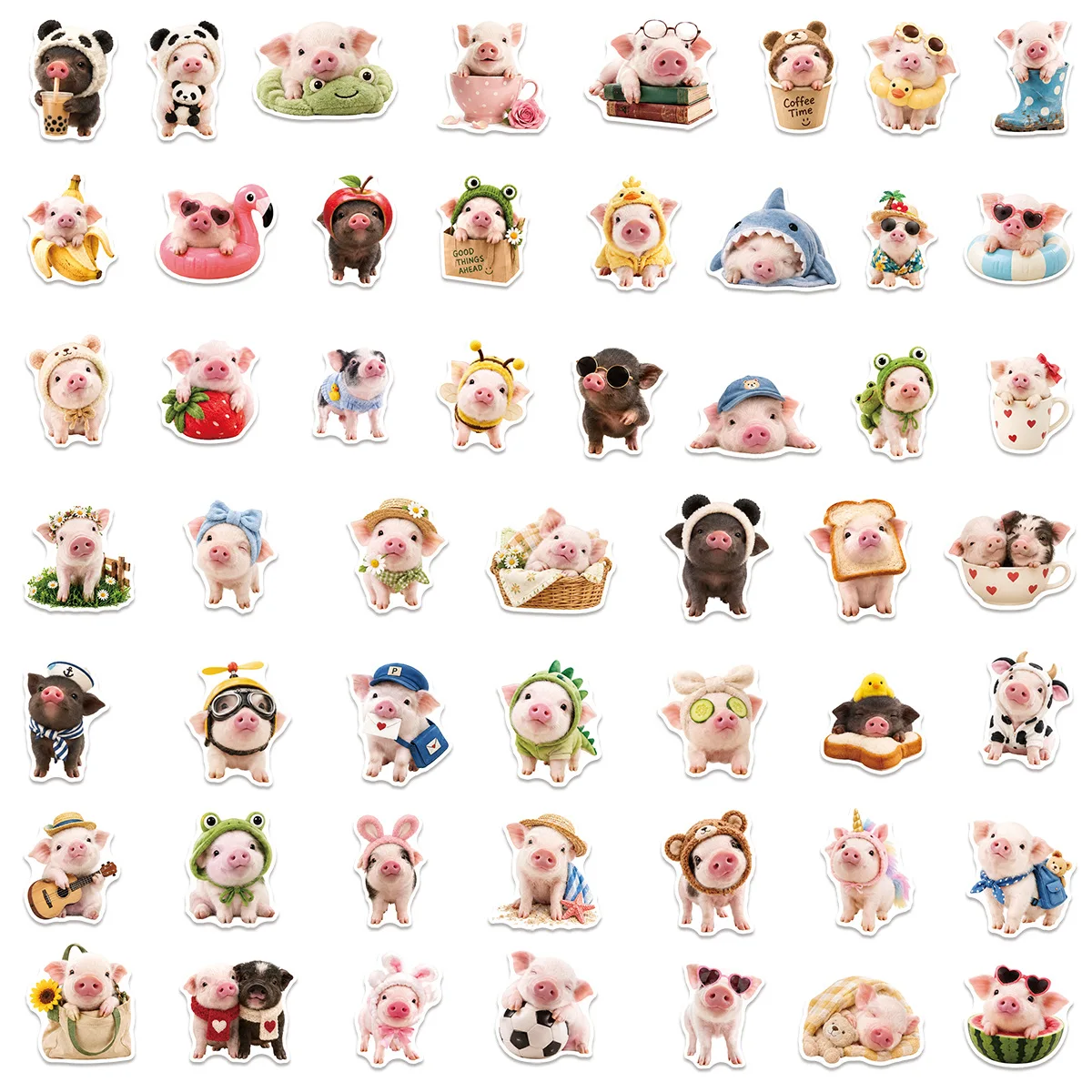 50 PCS Cute Pink Cute Pig Fun Expression Stickers Pack Luggage Desk Pencil Case Helmet Removable Decorate Decals