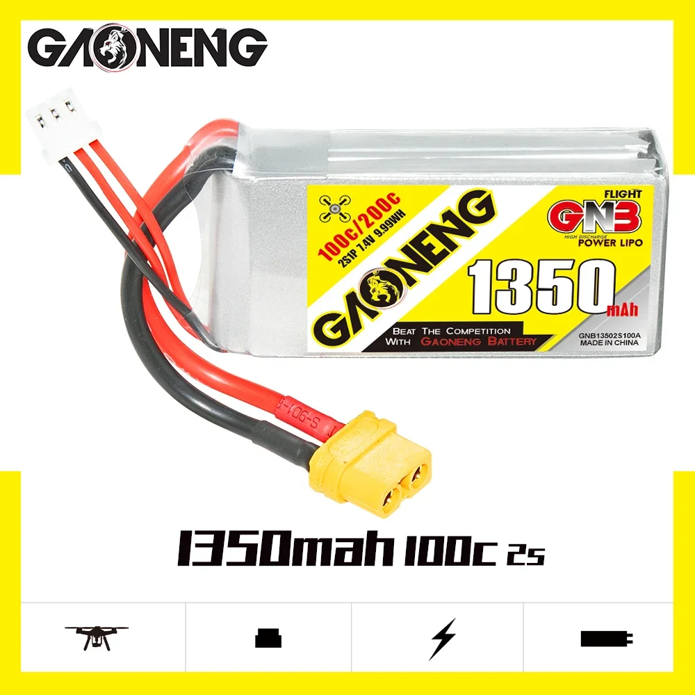 

GAONENG GNB 1350mAh 2S 100C 200C 7.4V XT60 LiPo Battery RC Buggy Truck RC Truggy RC Boat Aircraft Small HeliCopter