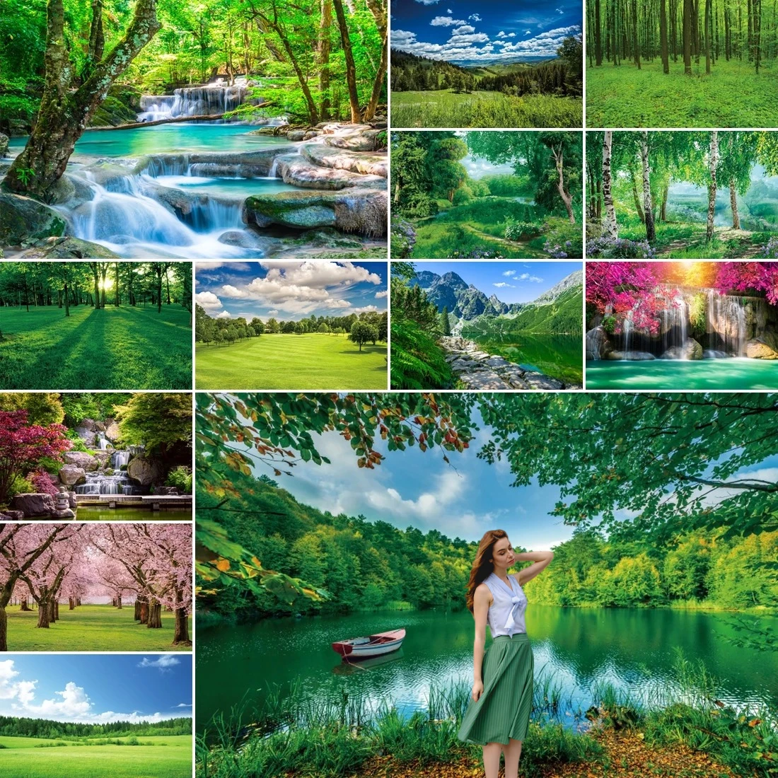 

MOON.QG Spring Natural View Waterfall Forest Mountain Water Background Grass Backdrop Photography Paert Decoration Wallpaper