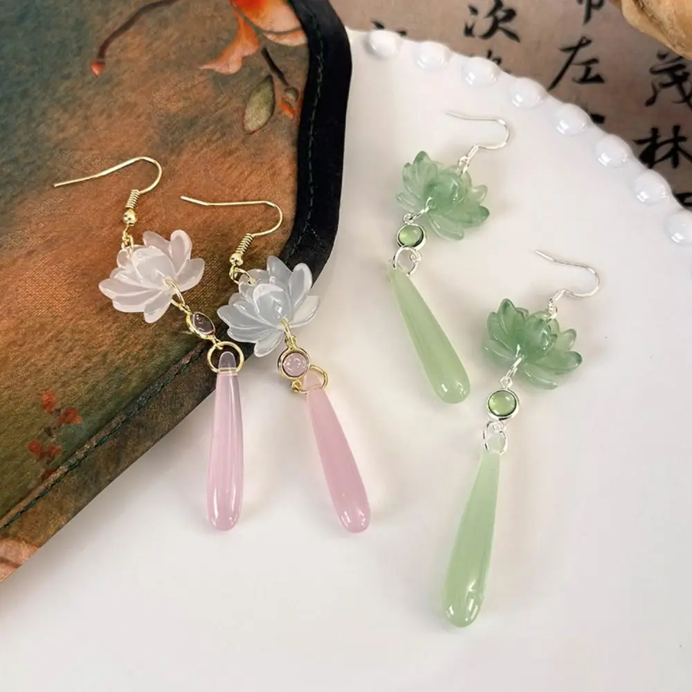 New Chinese Lotus Cat's Eye Long Water Drop Earrings Female 2024 New Chinese Style Hanfu Gufeng Ear Hook Ear Accessories