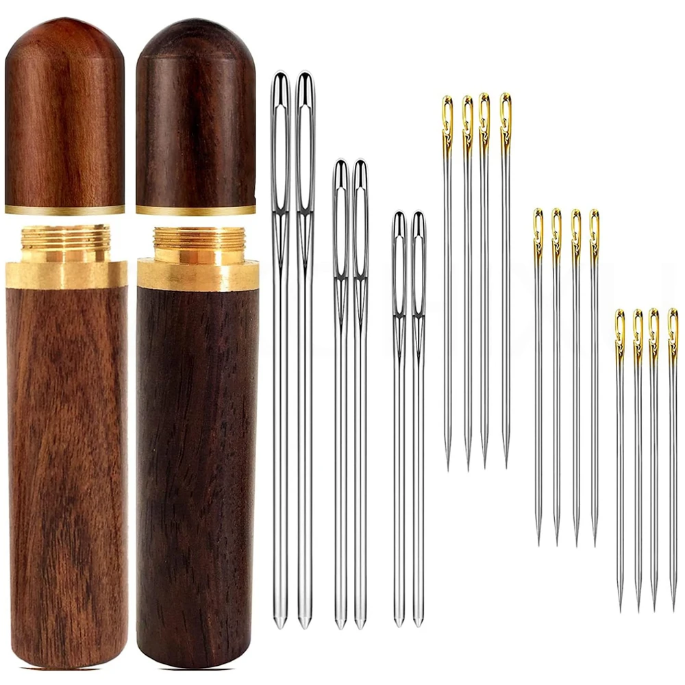 

20pcs Easy Threading Needles Set - 12pcs Self Threading Needles 6pcs Leather Stitching Needle 2pcs Wooden Needle Storage Case