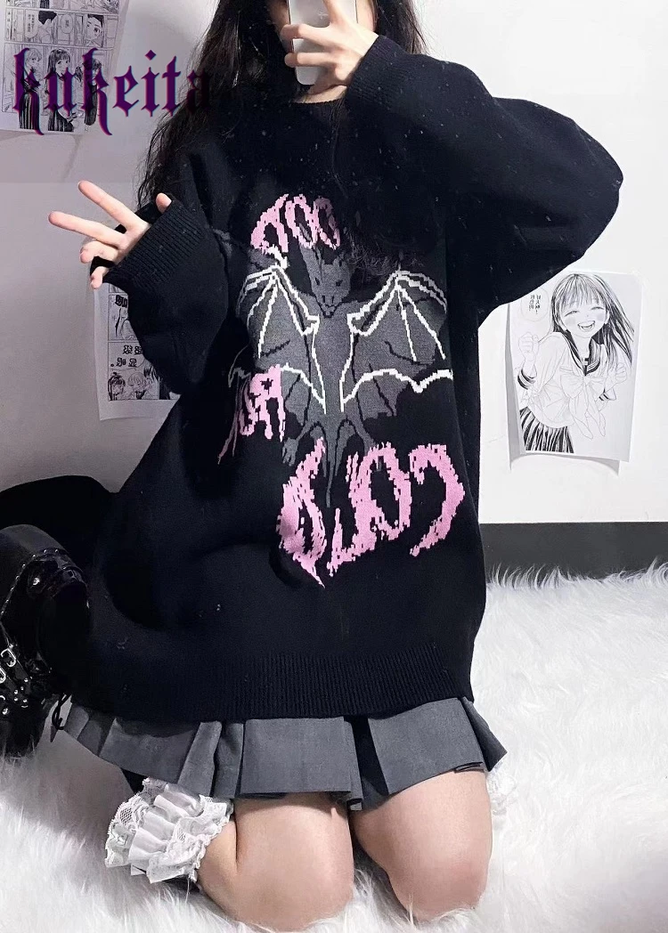 Grunge Aesthetic Sweater Women Punk Gothic Sweater Y2k Harajuku Knitted Pullover Dark Alternative Vintage Knit Jumper Streetwear