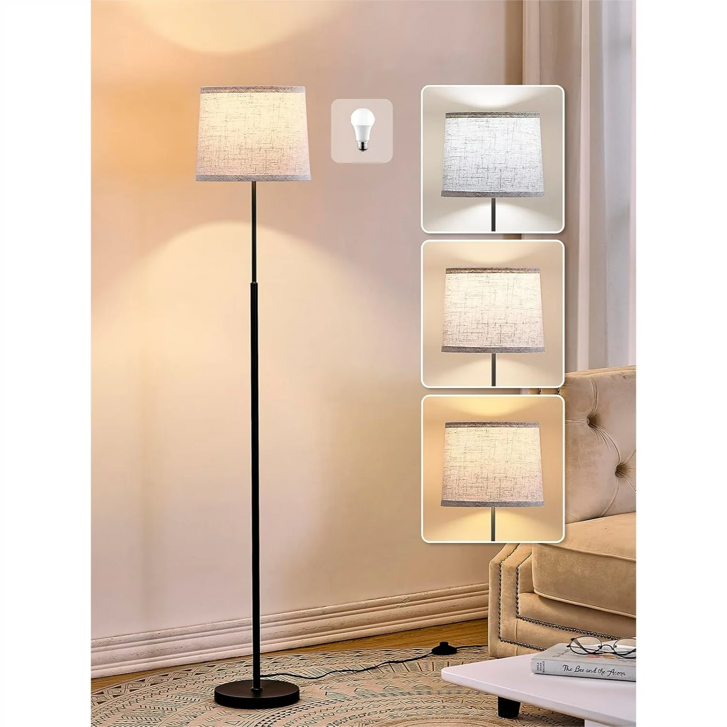 

60 Inch Modern Floor Lamp For Living Room Bedroom Standing Lamp With Oatmeal Linen Lampshade And A19 9W 3 Color Temperature LED Bulb Foot Switch Control Black