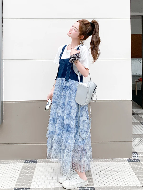 Vestido Longo de Verão F em Jeans Azul com Patchwork Floral, Design de Saia em Camadas, Estilo Coreano, Vestido Solto ...