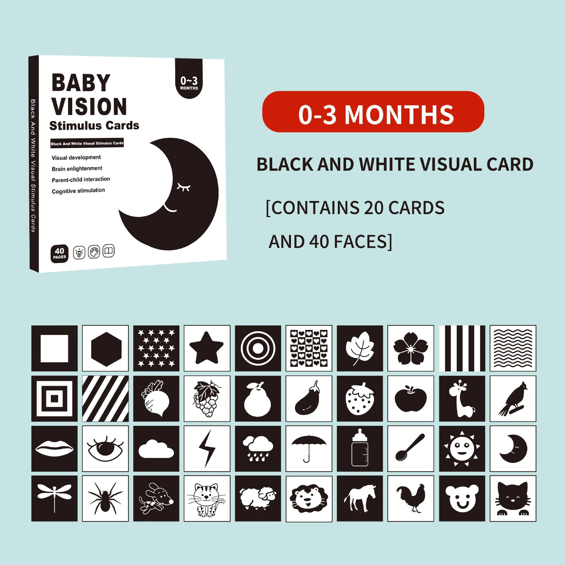 Montessori Visual Stimulation Card Toy, Black and White Flash Cards, High Contrast, Learning Toys for Baby