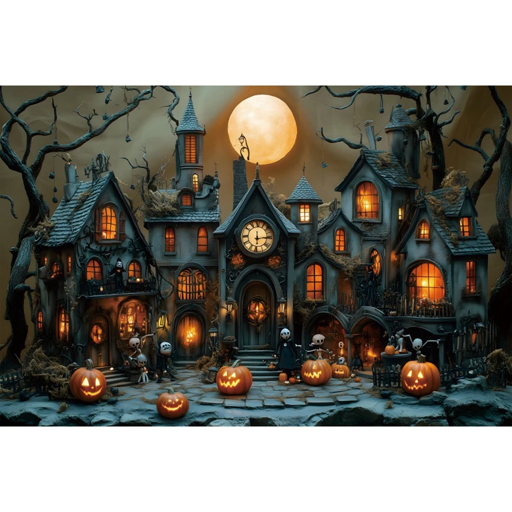 هالوين اليقطين الساحرة الرعب ليلة البيت القلعة القمر الأسرة حفلة راية خلفية الاطفال جدار صور ملصق ديكور الخلفية