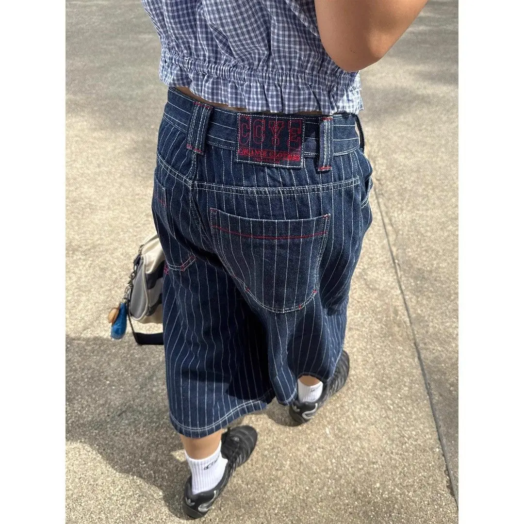 Calça jeans feminina listrada azul clara, vintage, verão, harajuku, y2k, baggy, japonesa, 2000s, tamanho grande