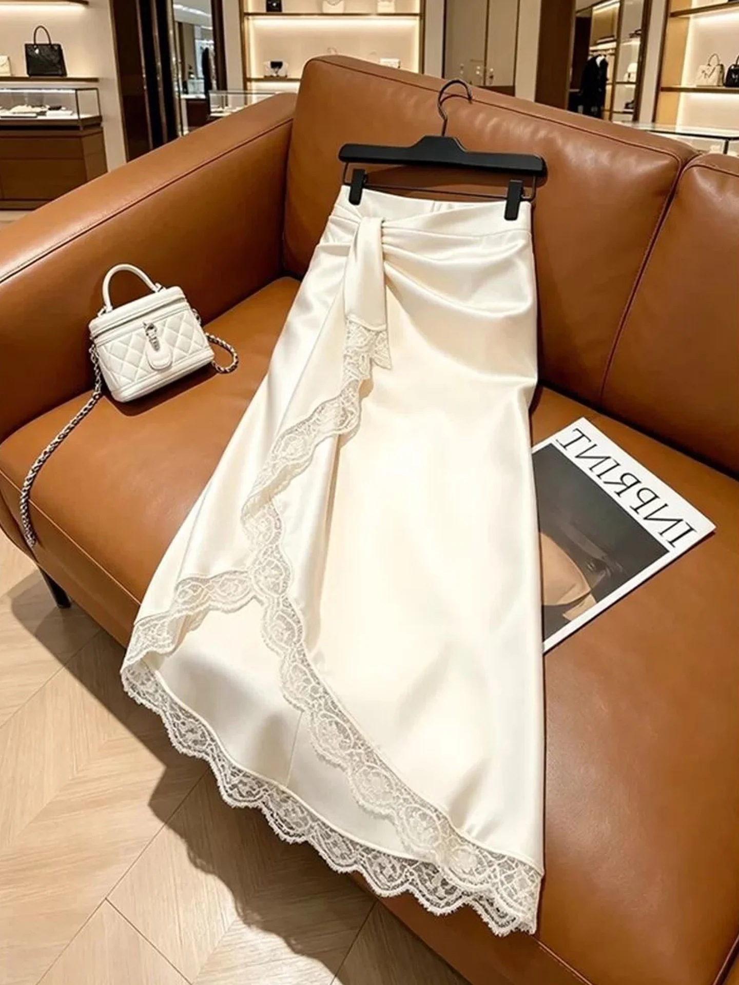 Summer White Satin Lace Half Skirt Asymmetrical Design Midi Skirt Women's Fashionable Elegant Beautiful A-Line Skirt