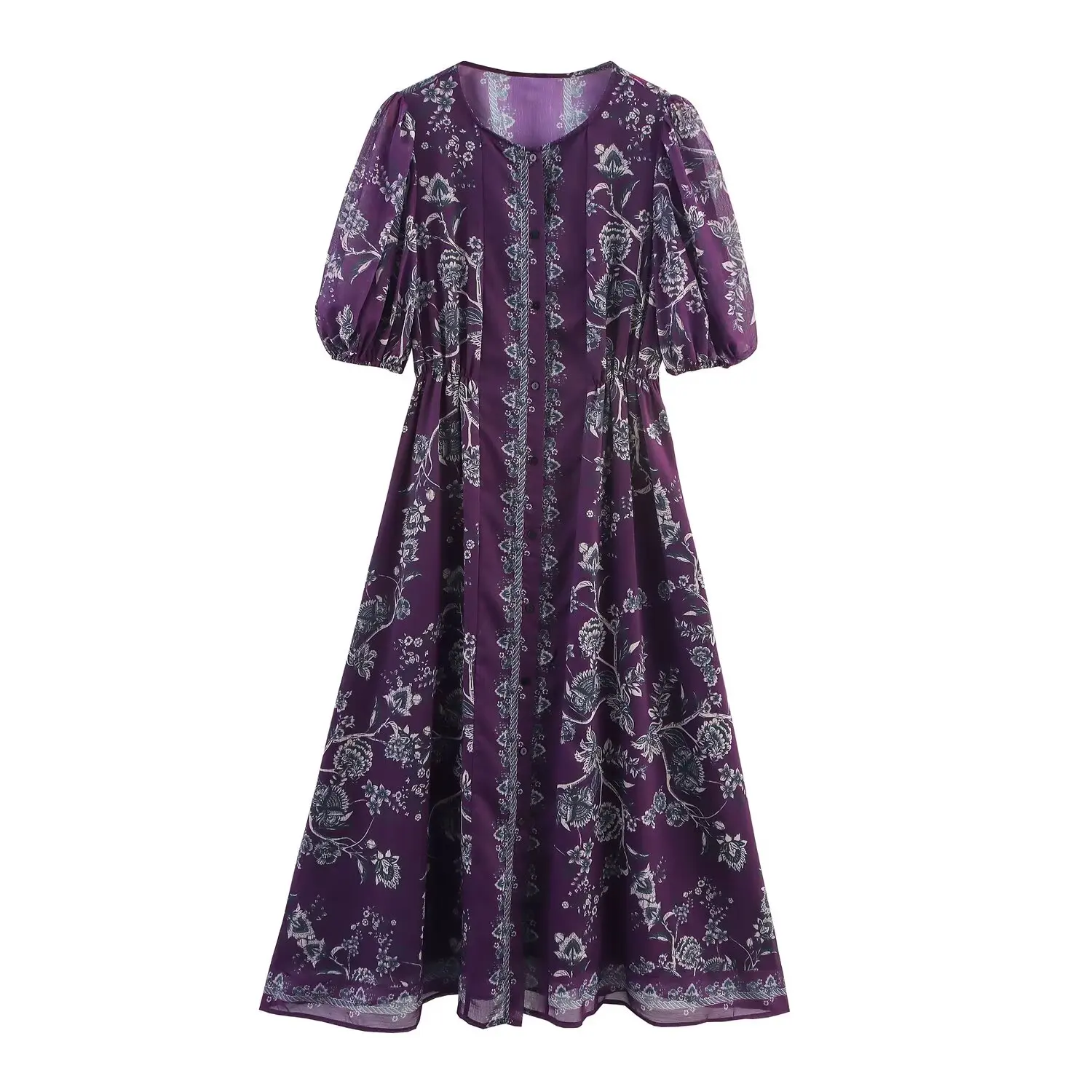 4 farben 2025 BOHO Frauen Blume Drucken O hals Offene Tasten Chiffon Hemd Kleid Ethnische Elastische Taille Puff Sleeve Midi Kleider robe