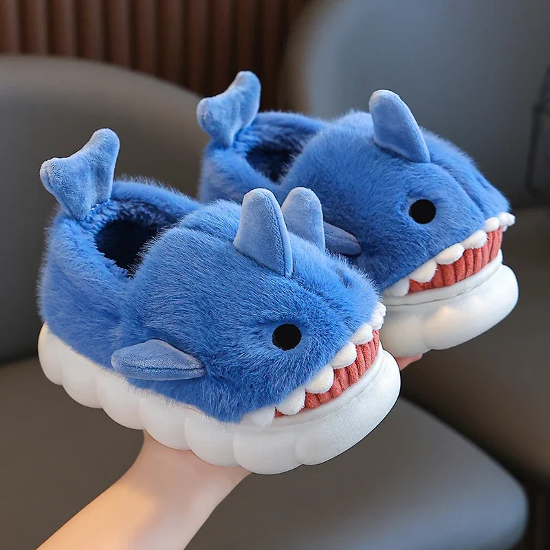 Winter Wrap Heels Plush Slippers Children\'s Cute Cartoon Shark Non-slip Soft Sole Kids Boys Girls Junior Warm Home Cotton Shoes