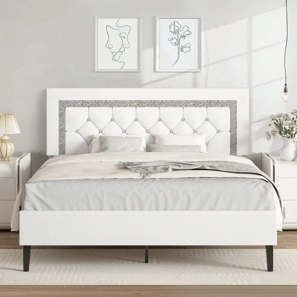 Full Queen Bed Frame With Headboard, Modern Upholstered Bed Frame With Diamond Tufted Headboard, PU Leather Bed Frame, No Box Sp