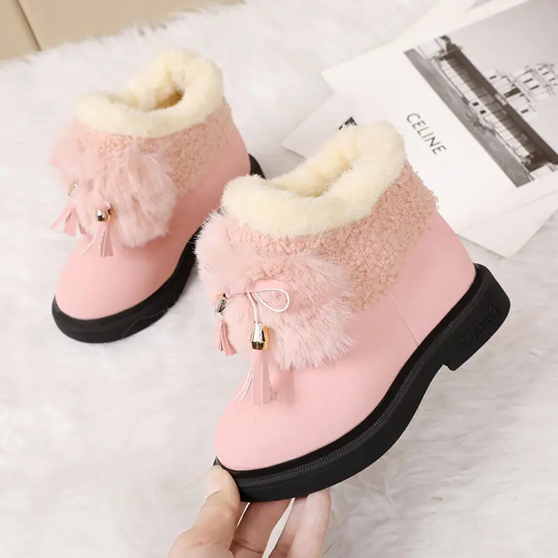 Anti-Slippery Bowknot Girls Snow Boots Plus Velvet Thickening Winter Little Girls Cotton Shoes Children\'s Short Boots Baby Boots