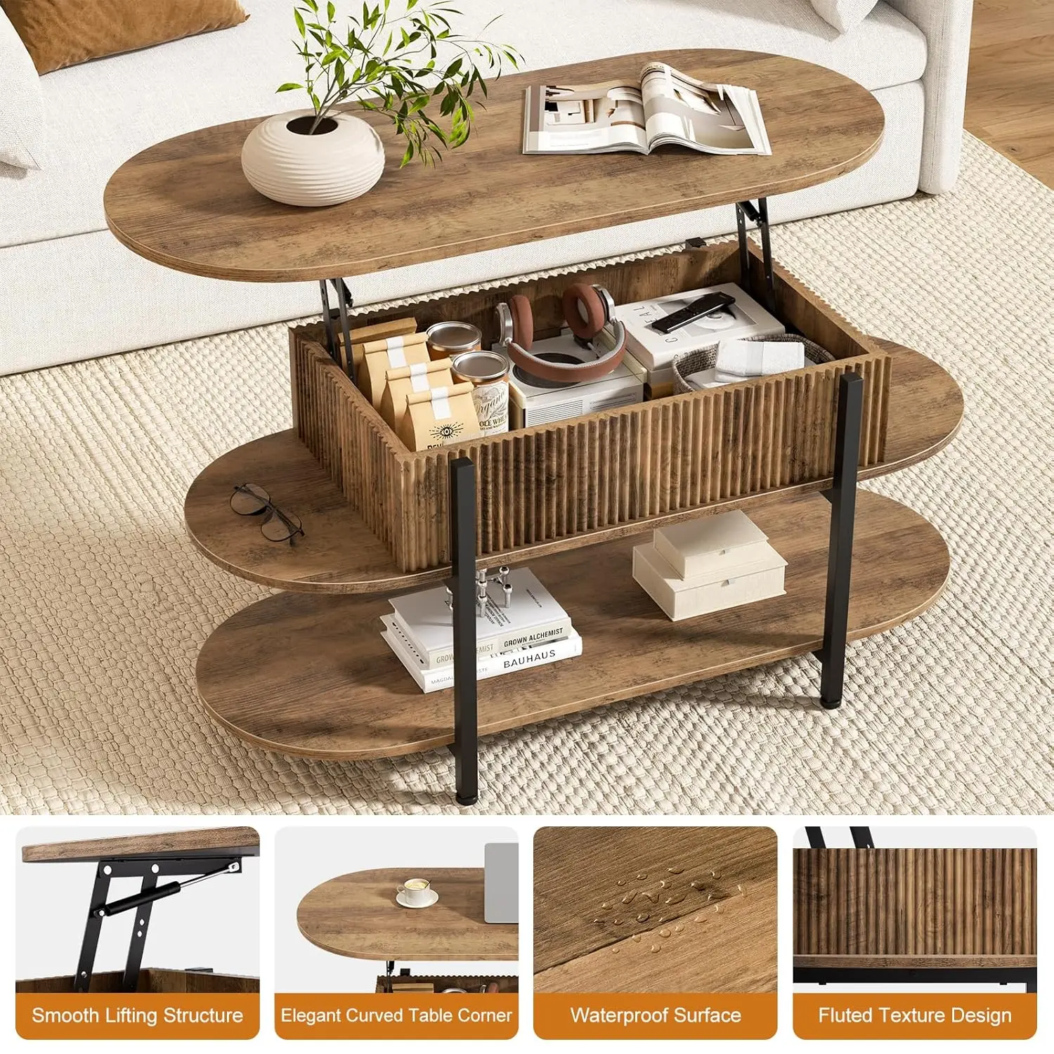 

41.7" Oval Lift Top Coffee Table, Fluted Wood Center Table with Hidden Storage, 3 Tier Small Tables with Curved, Customized