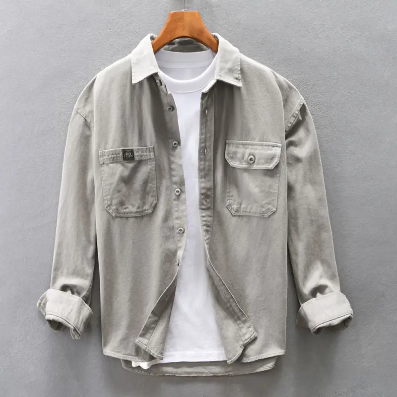 

Shirt Men Jacket Work Clothes Long Sleeve Spring and Autumn American Retro Trend Loose Outerwear Cardigan JJ1283