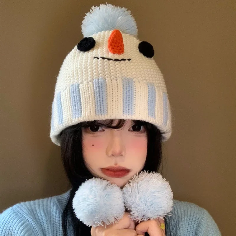 Funny Cute Little Snowman Design Knitted Beanies Cap Y2K Winter Travel Warm Versatile Show Face Small Sweet Pullover Women's Hat