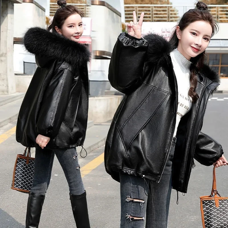 Women's Leather Cotton Coat Parka 2023 New Winter Jackets Short Hooded Warm Windproof Motorcycle Outerwear Leather Clothing