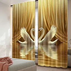 2Pcs Golden Background Elegant White Swan Curtains For Easy Hanging Polyester Perfect For Bedroom Living Room Kitchen