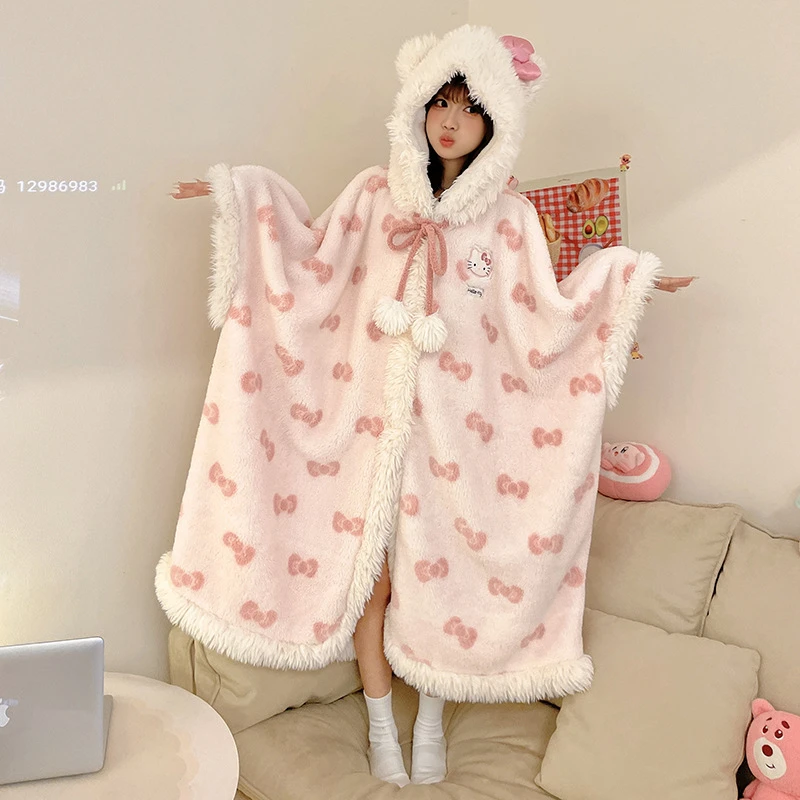 Winter Girl's Sweet Style Poncho Plush Coat Home Clothes Coral Fleece Pajamas Women's Hooded Cat Printed Loose Long Sweatshirt