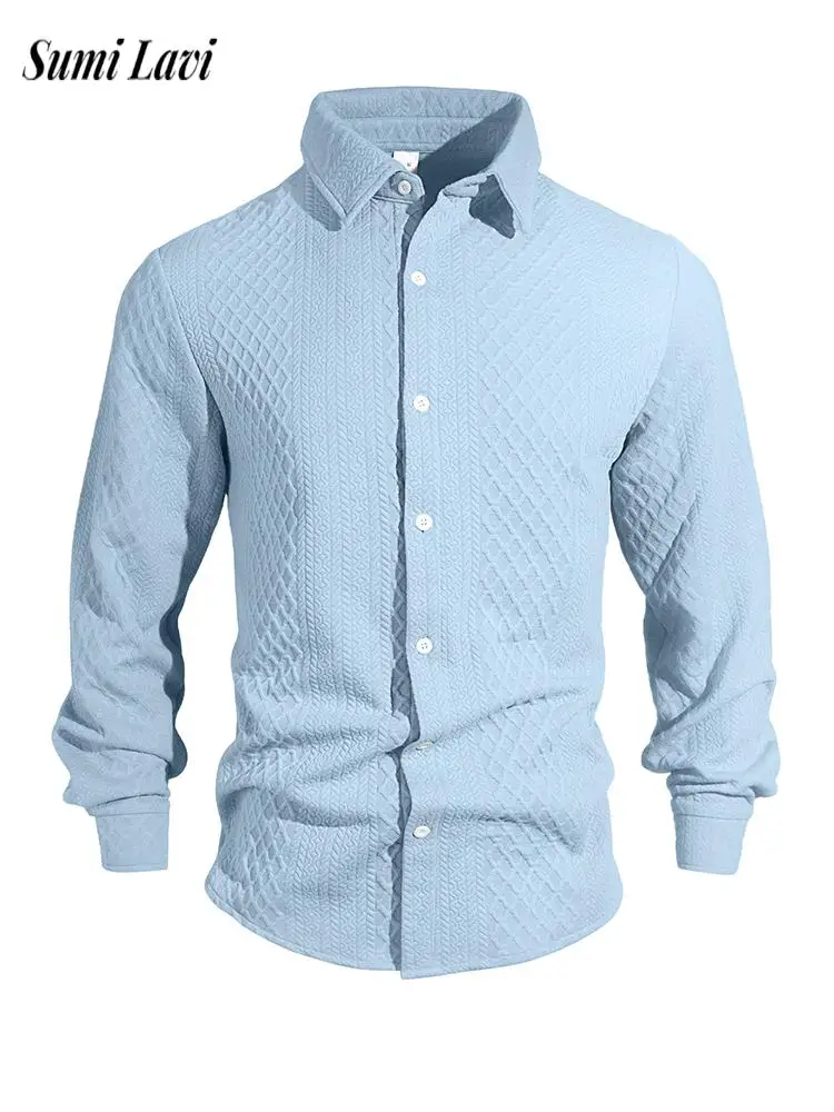 

Стильные жаккардовые текстурированные мужские рубашки с длинным рукавом и пуговицами с лацканами, повседневная верхняя рубашка, весенне-осенняя мужская винтажная трикотажная рубашка