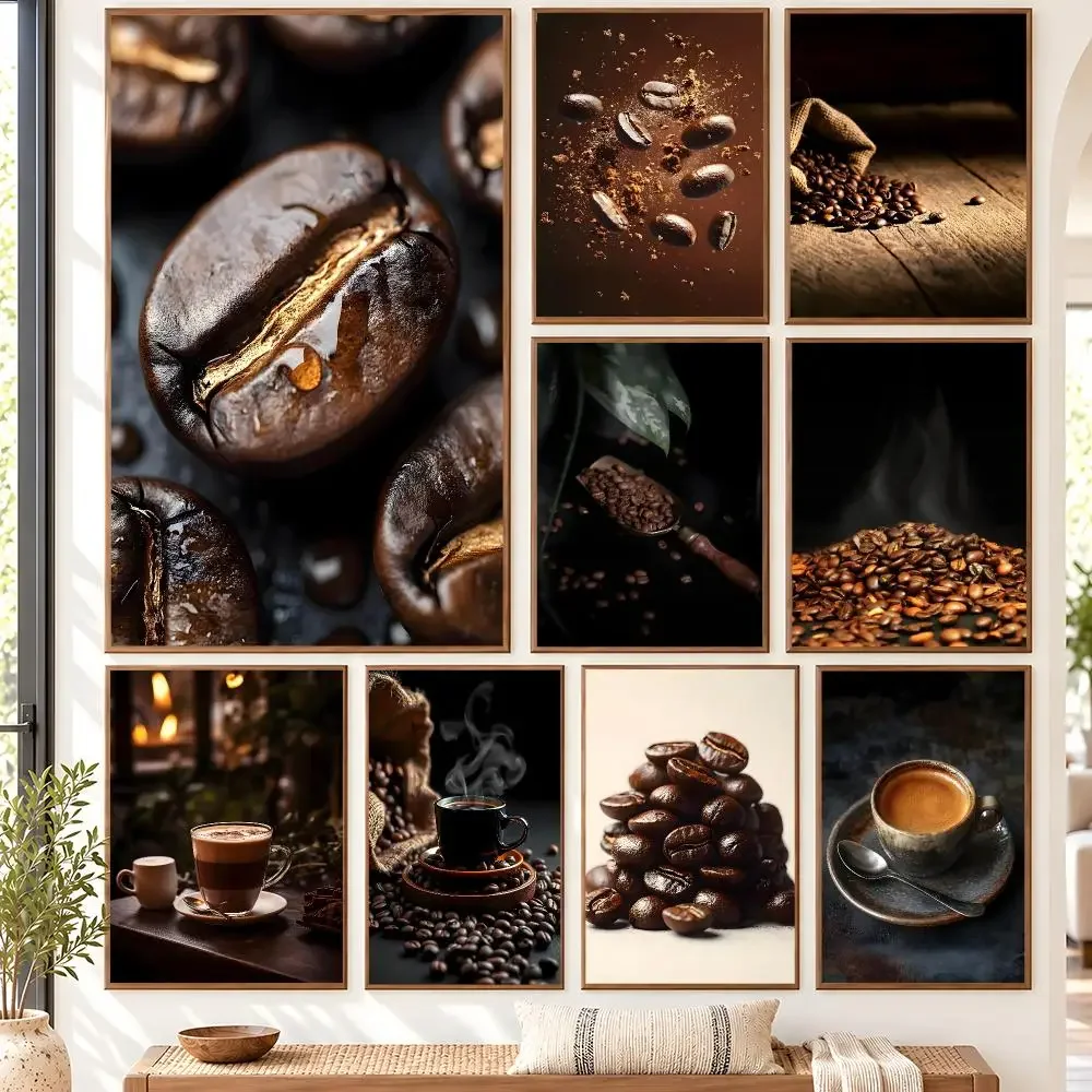 Coffee Cup And Beans Photograph Delicious Coffee Latte Breakfast Poster Matte Wall Art Removable Home Room Decoration