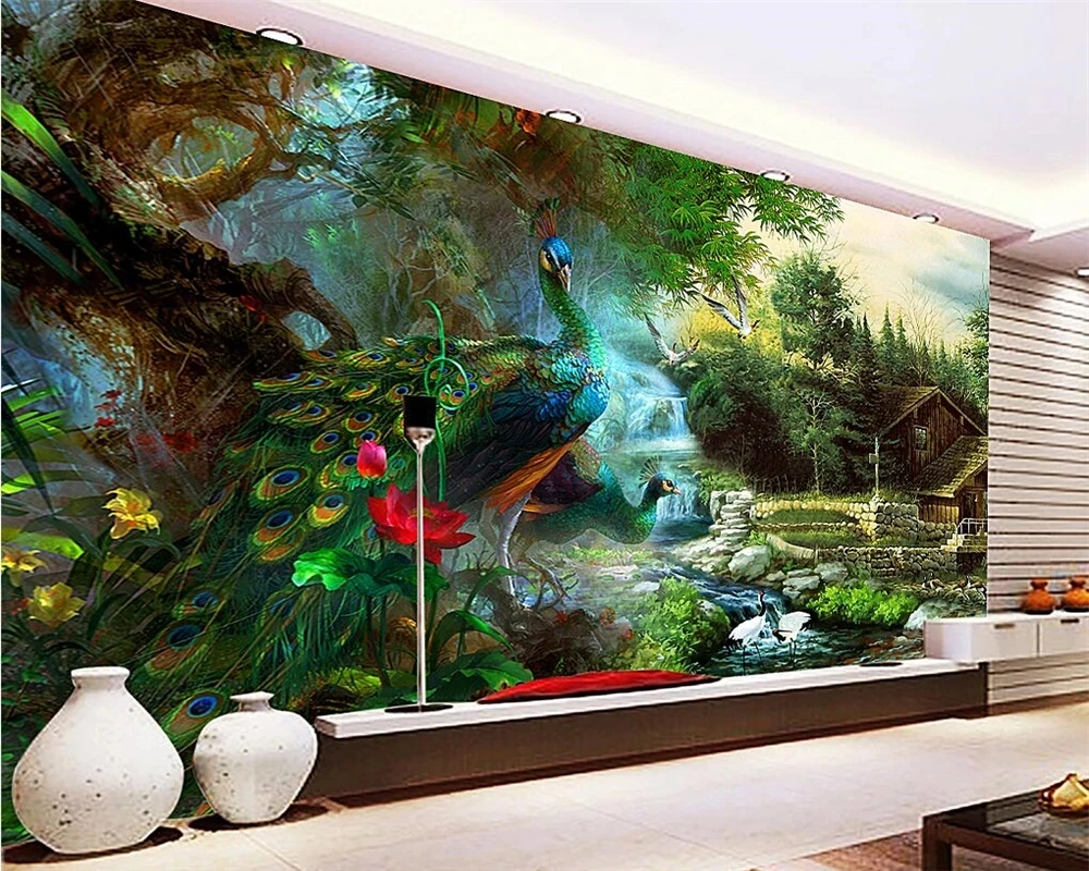 papel-de-parede-personalizado-com-estampa-de-pavao-colorido-mural-fotografico-3d-arvore-verde-floresta-sala-de-estar-fundo-de-tv-quarto-restaurante