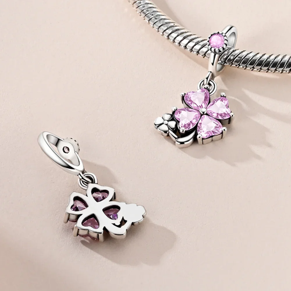 

New Charms 925 Silver Pink Dolphin Ladybug Cat Dog Planet Four-leaf Clover Beads Pendant Fit Diy Bracelet Jewelry Gift Making