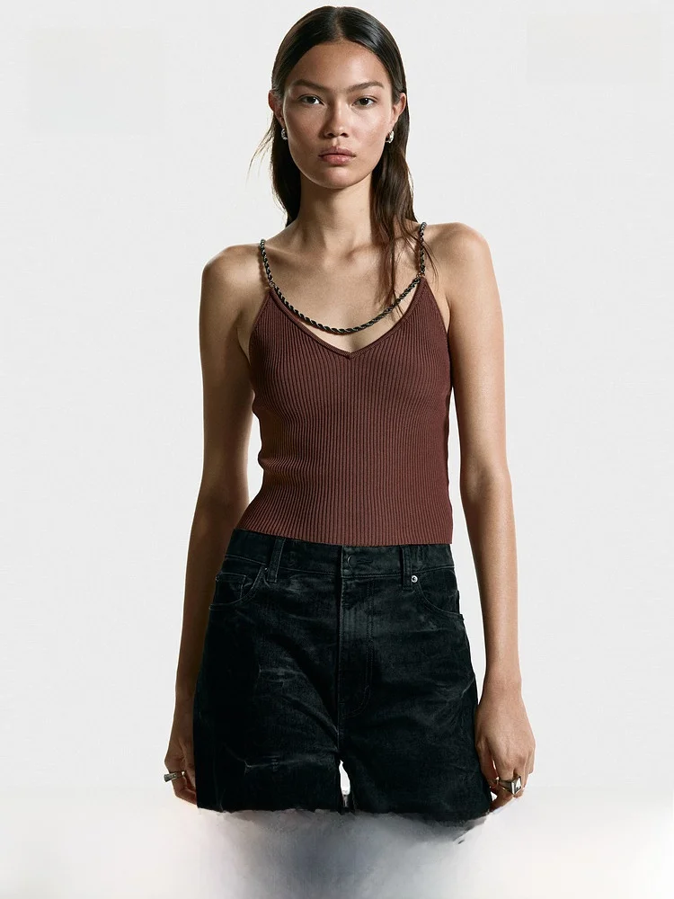 

Spring Women's Casual Fit Knitted Top with Chain Strap H&M Sle 3623 Regular Thin V-Ne Svel Faion