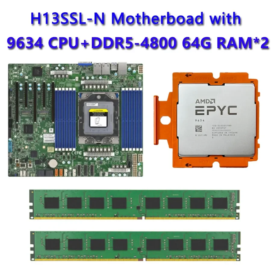 H13SSL-N For Supermicro Motherboard Socket SP3 +1* EPYC 9634 84C/168T 290W CPU Processor +2* 64GB =128GB DDR5-4800mhz RAM Memory