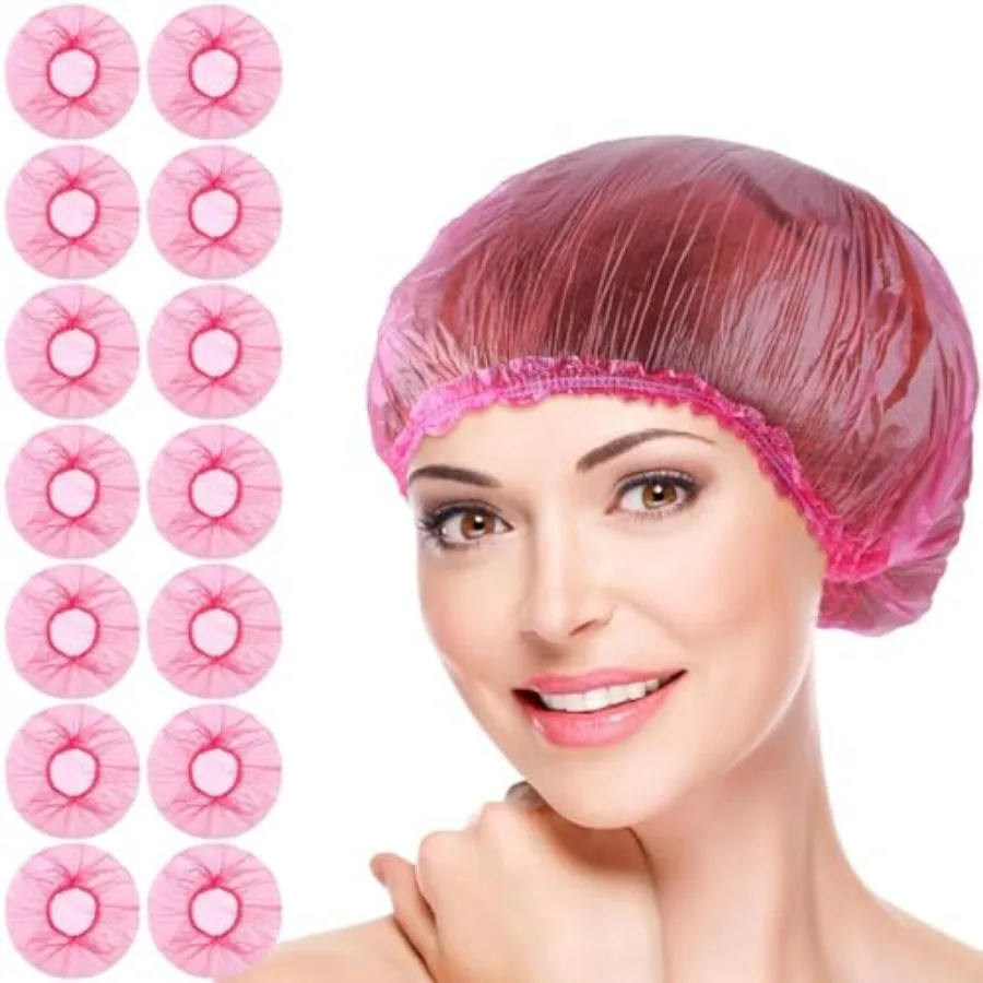 

100 Pcs Pink Disposable Shower CapsShower Caps for Women Plastic Caps Hat Large Cap Elastic Hair Cap for Home Use Hotel Spa Hai