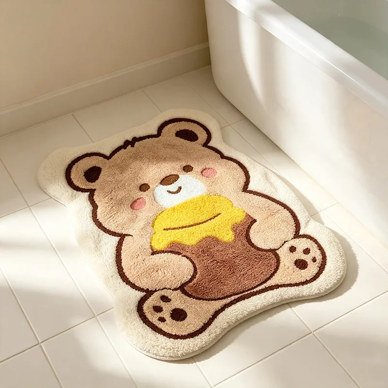VIKAMA Honey Pot Bear Shaped Plush Bath Mat Non Slip Absorbent Cute Cartoon Animal Indoor Bedroom Decor Doormat Non Slip Mat