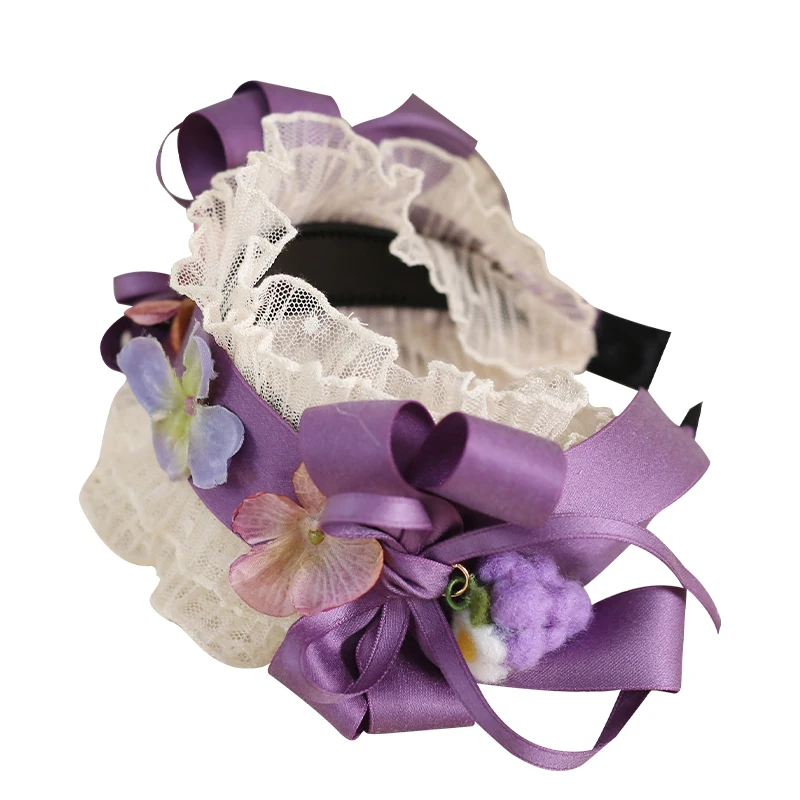 สีม่วง Lolita อุปกรณ์เสริมผมฝรั่งเศส Barrettes Vineyard Retro Headband Headdress