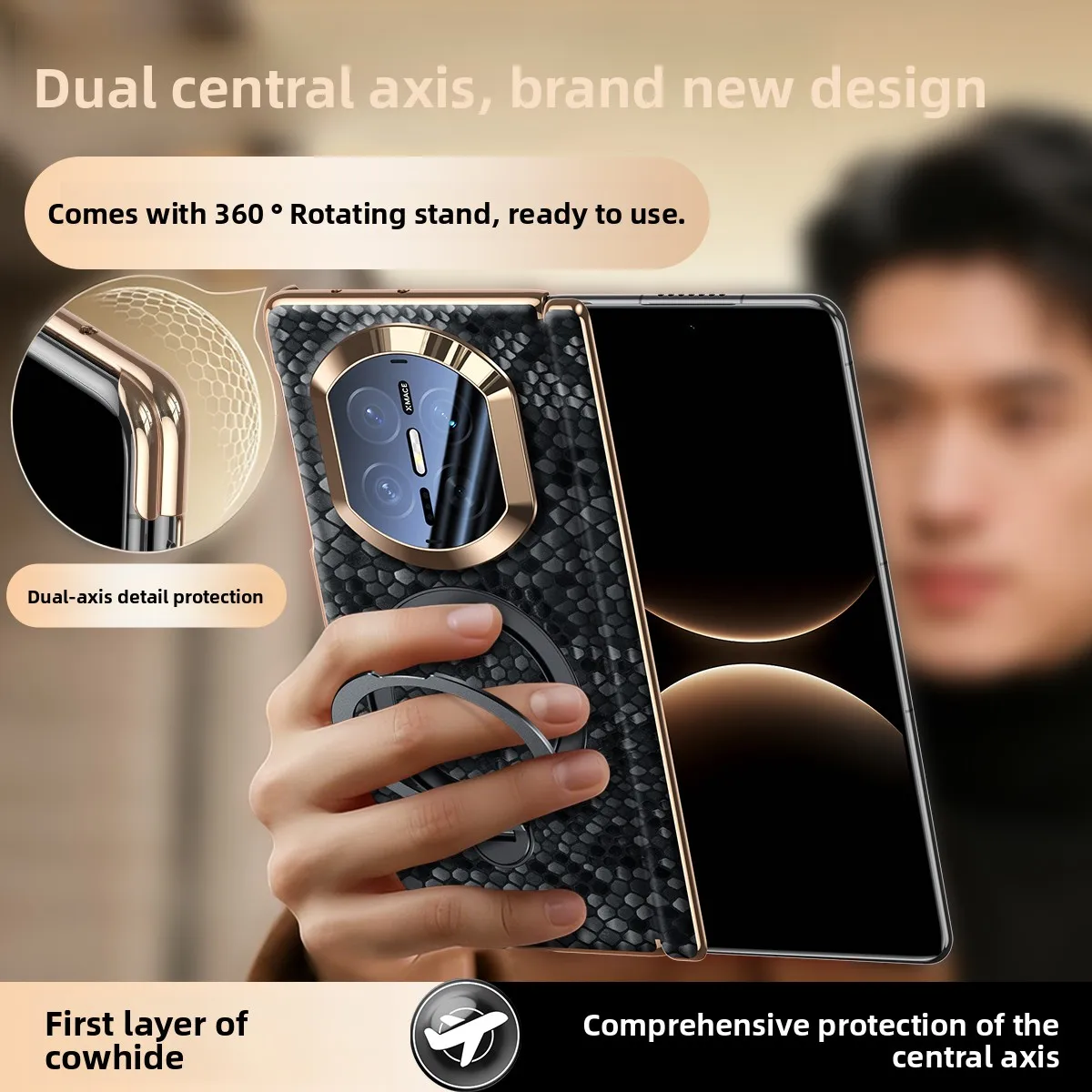 

Premium Dragon Scale Cowhide Leather Phone Case for Huawei Mate X7 X5 X3 MateX6 Hinge Protection Ring Bracket Magnetic Cover