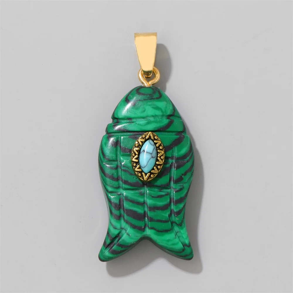 2pcs/pack Natural Carved Fish Stone Pendants Inlay Evil Eye Gems Pendant Charm For Fashion Jewelry Making Necklace Earrings DIY