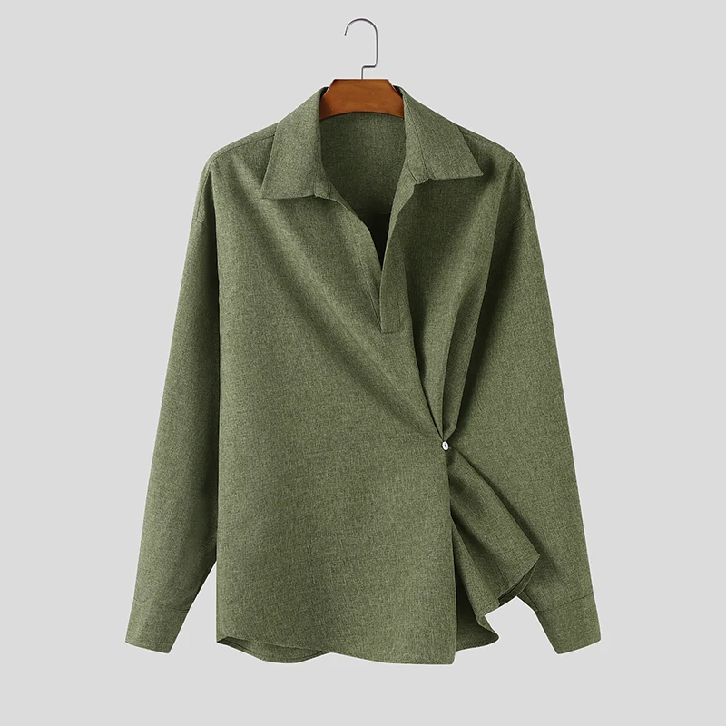 INCERUN الرجال غير النظامية قميص الصلبة التلبيب كم طويل زر الرجال الملابس فضفاضة الشارع الشهير الكورية نمط بلوزات على الموضة الذكور القمصان