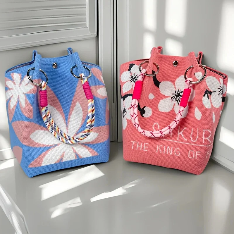 Borsa portaoggetti da donna vintage in maglia floreale, leggera, con cinghie regolabili e anelli in metallo, chiusura a scatto per viaggi casual