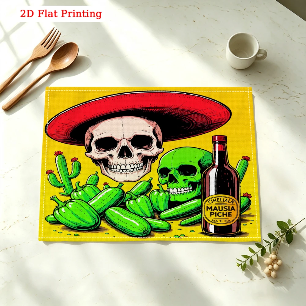 Skull Sombrero Cactus Pepper Bottle Kitchen Placemat Coaster Linen Pad Dish Coffee Cup Table Mat 30x40cm Home Decor
