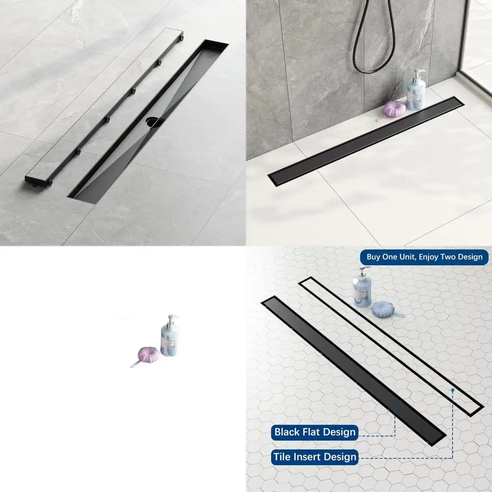 

Adjustable 32-Inch Rectangle Shower Drain with Flat & Tile Insert, Shiny Black Cover, and Hair Strainer