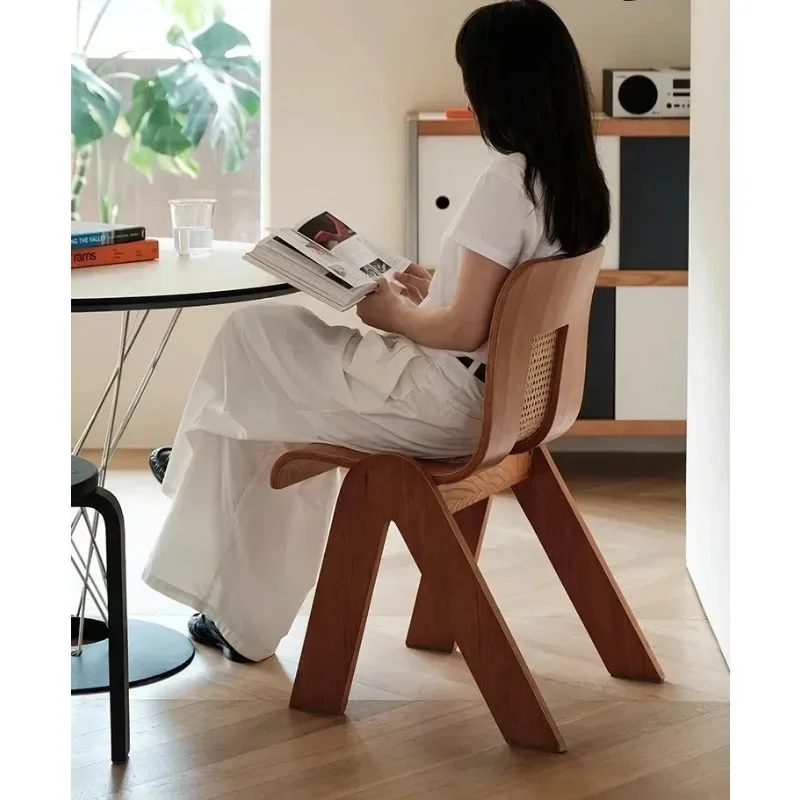Nordic retro solid wood rattan dining chair, household small apartment backrest chair
