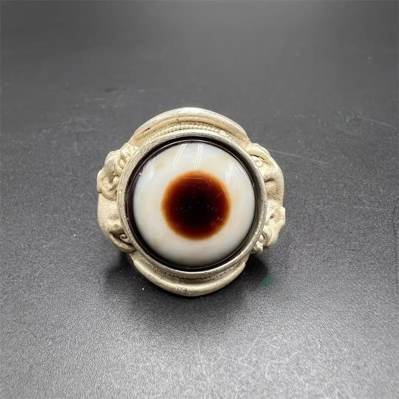 Retro Tibetan Silver Hand-Engraved Gemstone Money String Pixiu Ring Ethnic Style Copper-Plated Silver Tibetan Decorative Craft