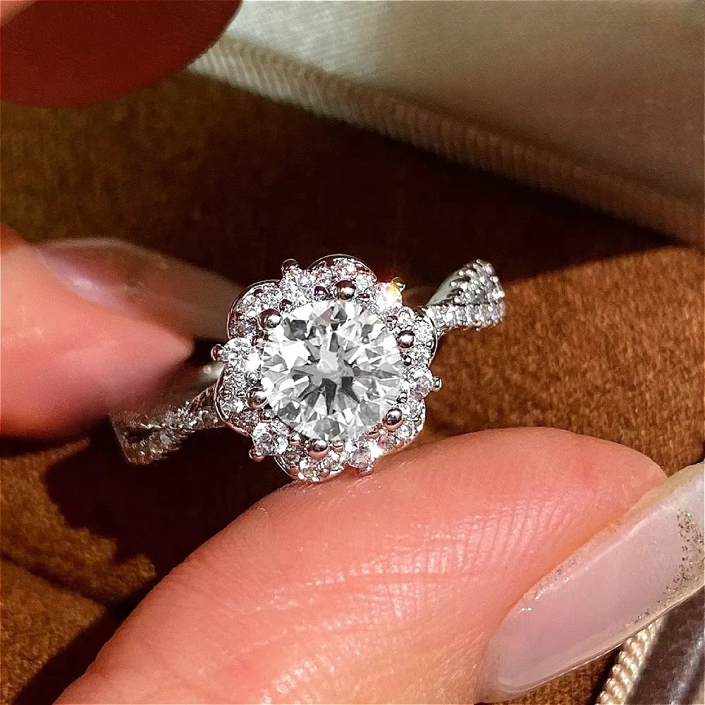 925 pure silver full-diamond cross lace sparkling diamond ring for women, high-end adjustable one-carat ring