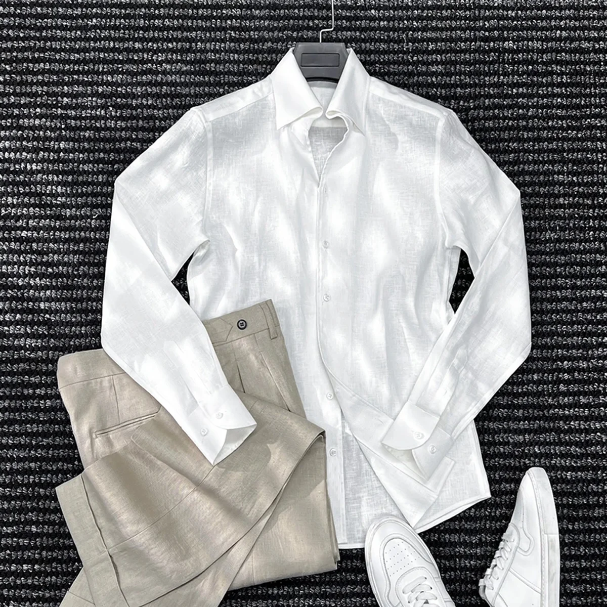 

Летняя мужская рубашка из чистого льна свободного кроя с длинным рукавом, комфортная, дышащая, класса люкс, базовый слой, модный городской стиль, коллекция 2026 года