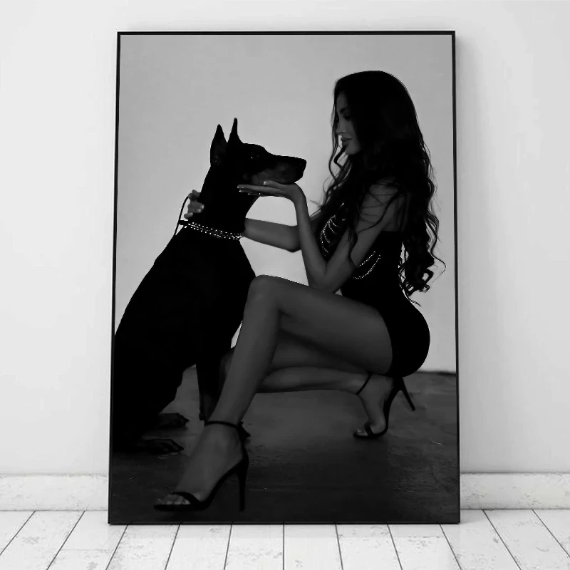 Luxury Fashion Doberman Sexy Woman Black White Posters and Prints Canvas Printing Wall Art Picture for Living Room Home 