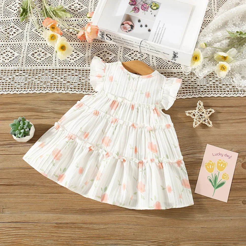 (0-3 Years Old) Summer Baby Girl Cotton Full of Small Flowers Flying Sleeve Dress Cute Princess Dress for Girls