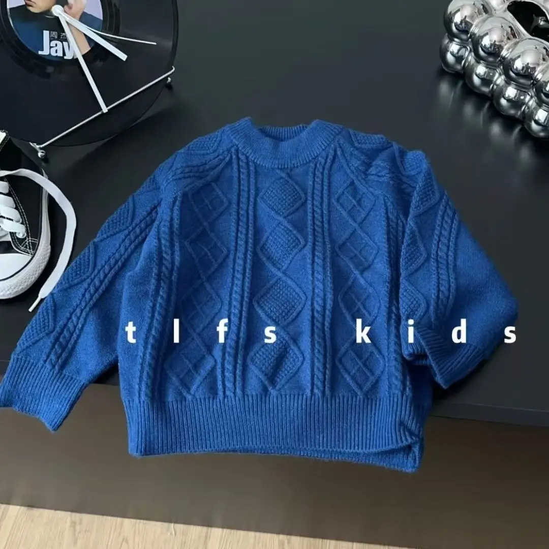 New Boys' and Girls' Sweaters 2026 Blue Fried Dough Twists Knitwear Autumn Soft Waxy Knitting Boys' Western-style Versatile