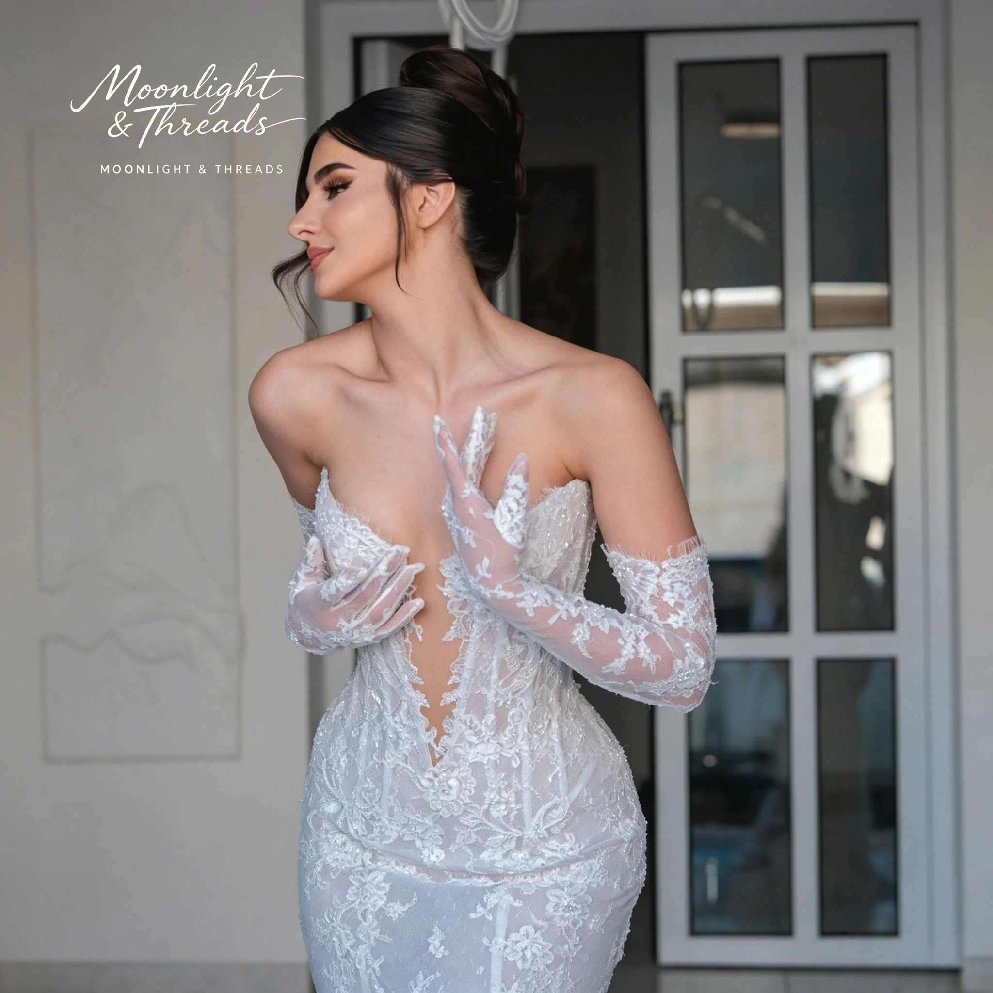 Vintage High Neck Lace Bridal Gown Detachable Lace Capelet And Gloves Deep V Corset Floral Lace Mermaid Formal Wedding Dress