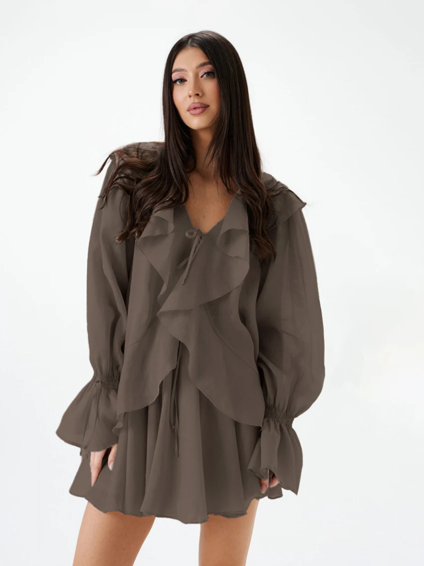 Marthaqiqi-traje de dormir de algodón para mujer, camisón de manga larga, bata Sexy con cuello en V, camisón con cordones, faldas, conjunto de ropa de dormir informal para mujer
