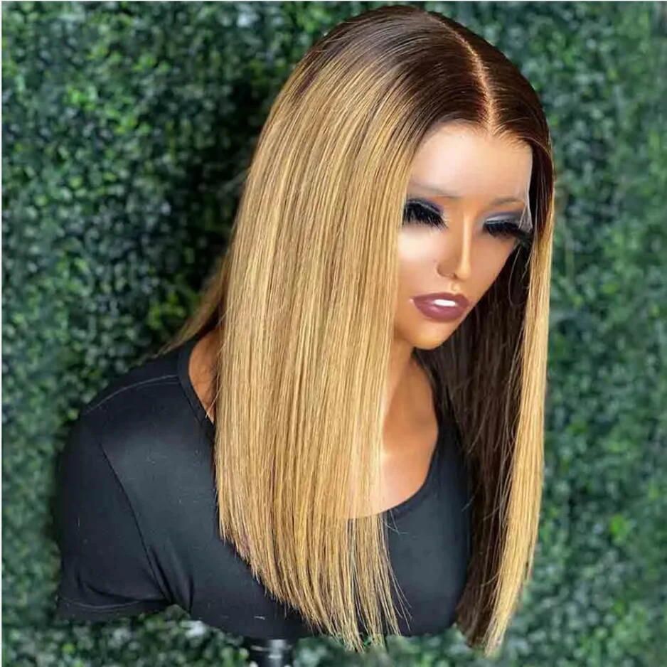 

Preplucked Soft Glueless Ombre Honey Blonde 14inch Short Bob Straight Baby Hair Lace Front Wig For Women 180density Hairline