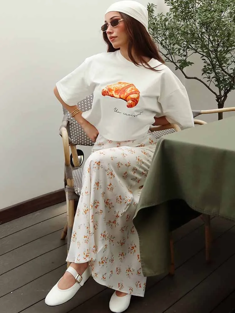 BKQU Modna Luźna Koszulka Damska z Nadrukiem 100% Bawełna Krótki Rękaw Okrągły Dekolt Letnie T-shirty Pulowery Damskie Casual Y2K Streetwear 2025