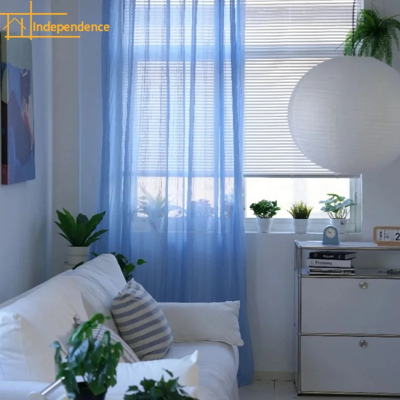 Mist Blue Crinkle Screen Screens for Living Room Bedroom French Window Balcony Window Customized Finished Partition Curtain