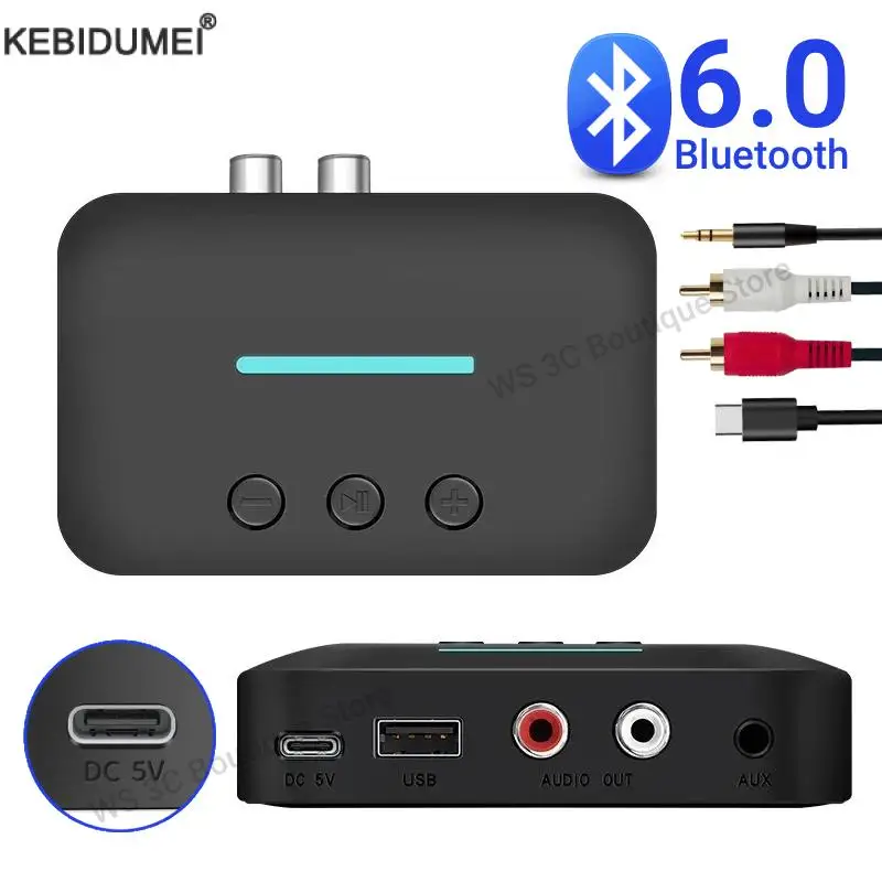 Bluetooth 6.0 オーディオレシーバー U ディスク RCA 3.5 ミリメートル AUX USB ステレオ音楽ワイヤレスアダプター PC/TV/カーキット/スピーカーアンプ用マイク付き